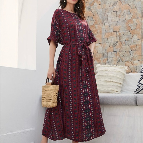 Maroon Patterned Long Sleeve Dress. Brand New. - Picture 3 of 5
